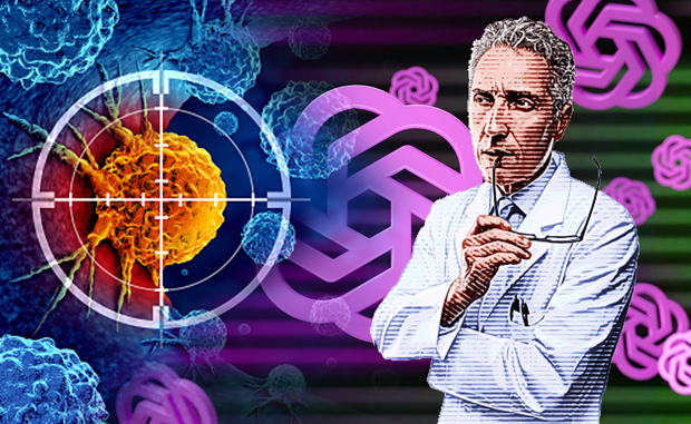 ChatGPT’s Performance Found Lacking on Cancer Treatment Recommendations. A physician standing with his arms crossed and his glasses in one hand stares at a cancer cell with a target overlaid on it.