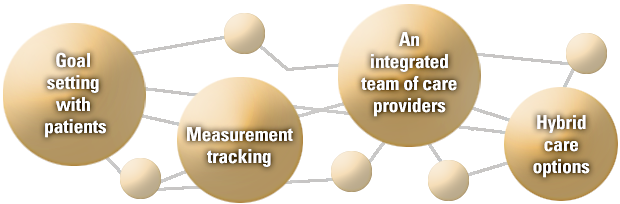 Connective Care Primary Care Model: goal setting with patients; measurement tracking; an integrated team of care providers; hybrid care options.