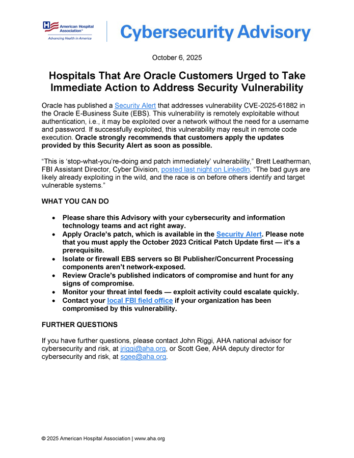 Cybersecurity Advisory: Hospitals That Are Oracle Customers Urged to Take Immediate Action to Address Security Vulnerability page 1.