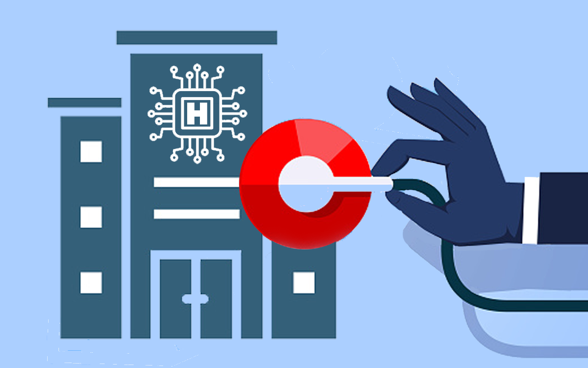 Digital Health Funding Surges in Q1, with AI Leading the Way. The hand of a venture capitalist inserts funding into a AI hospitals building.