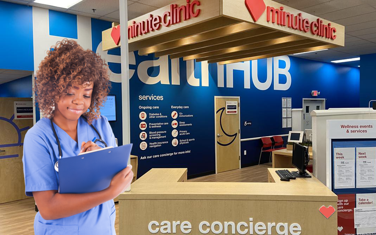 Emory Healthcare Network Partnership Builds New Paths to Access. A clinician in scrubs holding a clipboard stands in front of a CVS Health MinuteClinic kiosk.