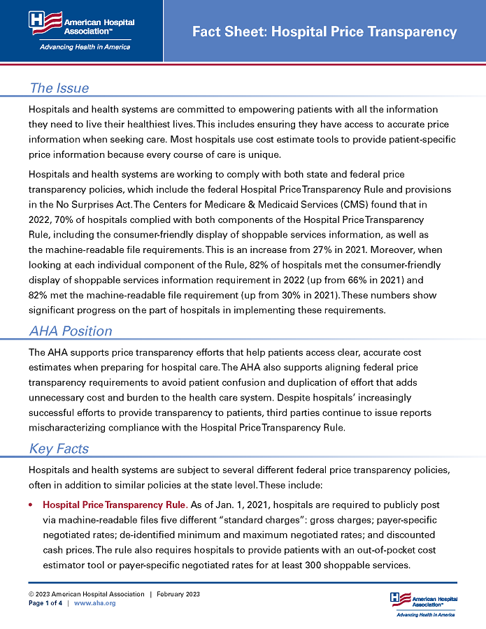 Fact Sheet: Hospital Price Transparency page 1.