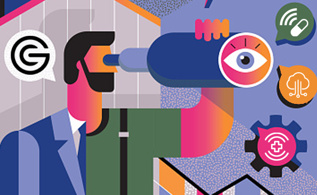 General Catalyst’s 4 Priorities for Health Care. A man with a beard in half business suit, half T-shirt with suspenders looks through a telescope to see icons that represent the future of health care start-ups.