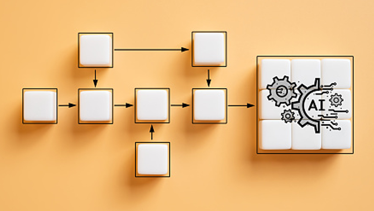 Generative AI Market in Health Care Gains Momentum. A flowchart made of white tiles leading to Generative AI.