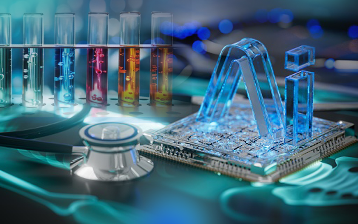 How AI Is Transforming Clinical Trials. A stethoscope and and AI chip sitting on a digital X-ray image.