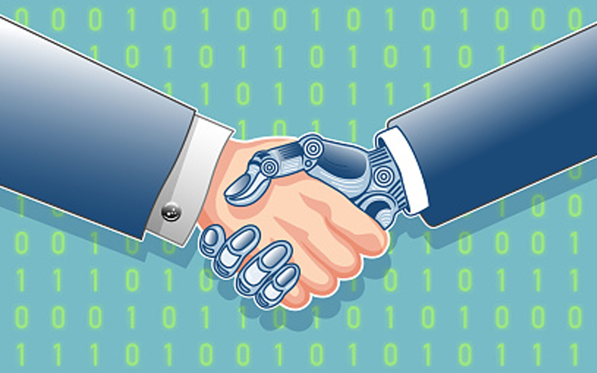 How Do Health Executives View AI? 3 Takeaways from New Survey. A businessman in a business suit shakes the hand of a AI-powered robot in a business suit.