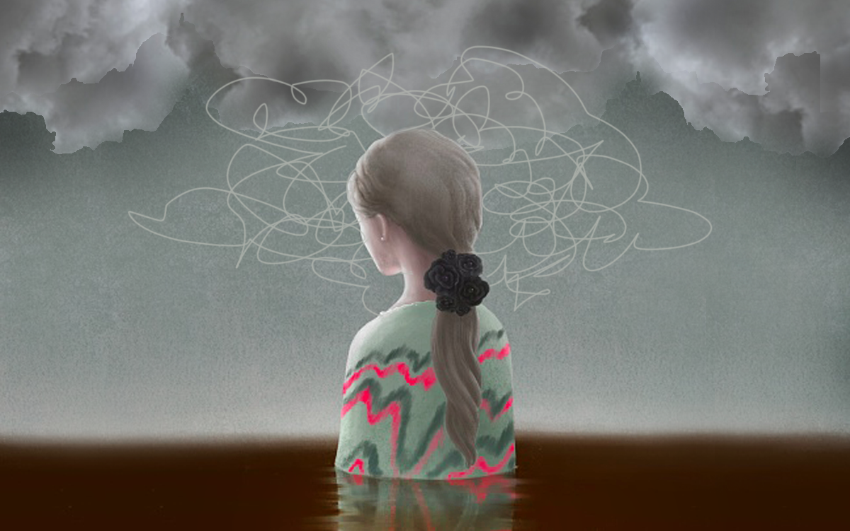 How Hospitals Are Reengineering Pediatric Behavioral Health Care. A child standing in waist-deep dark water under a cloudy sky with her head surrounded by the confusion of behavioral health issues.