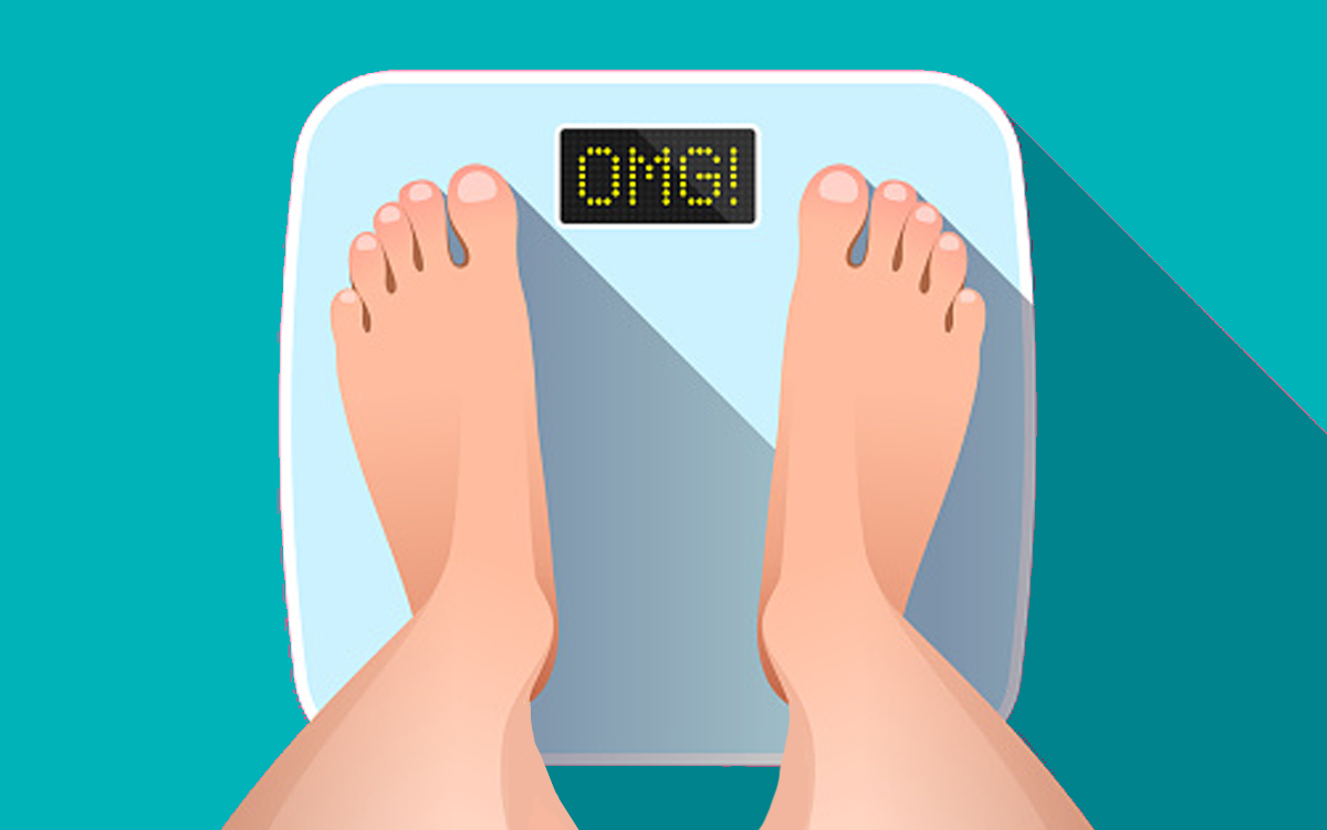 How One Health System Is Partnering to Help Patients Slim Down. A patient standing on a scale. The scale displays, "OMG!"