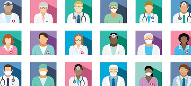 How to Build Your Future Workforce Pipeline. A six-by-three grid with a diverse workforce of eighteen hospital clinicians shown from the chest up.