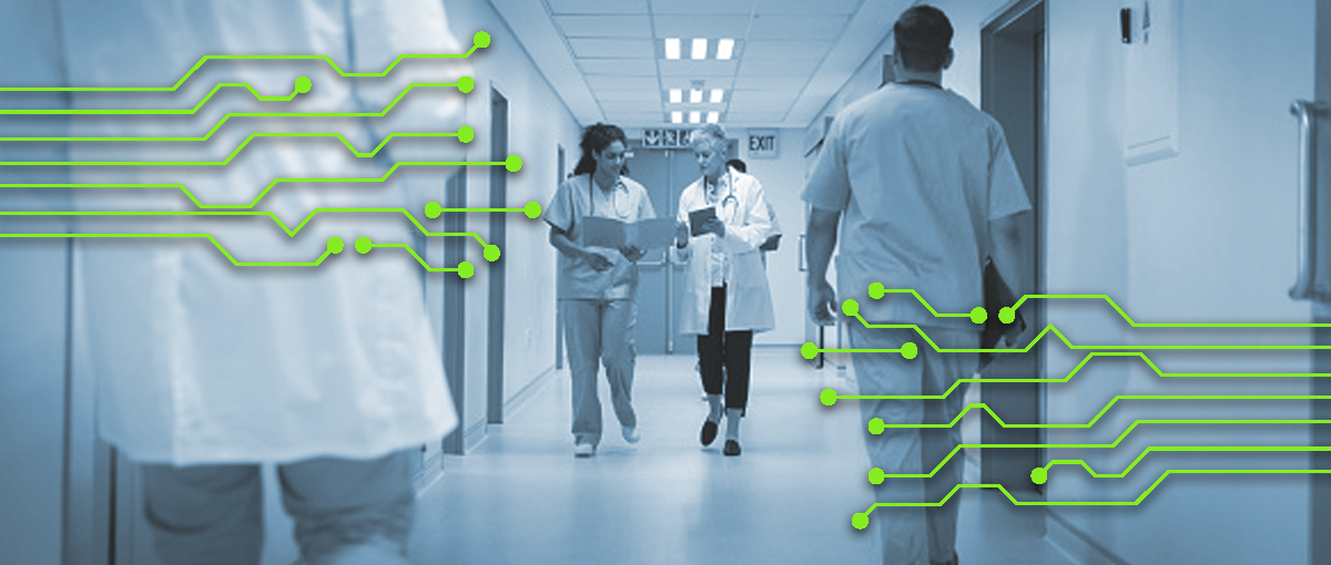 How to Manage the Health Care Workforce with AI. Clinicians walk through a hospital corridor with microchip connections overlaying the image from the left and right.