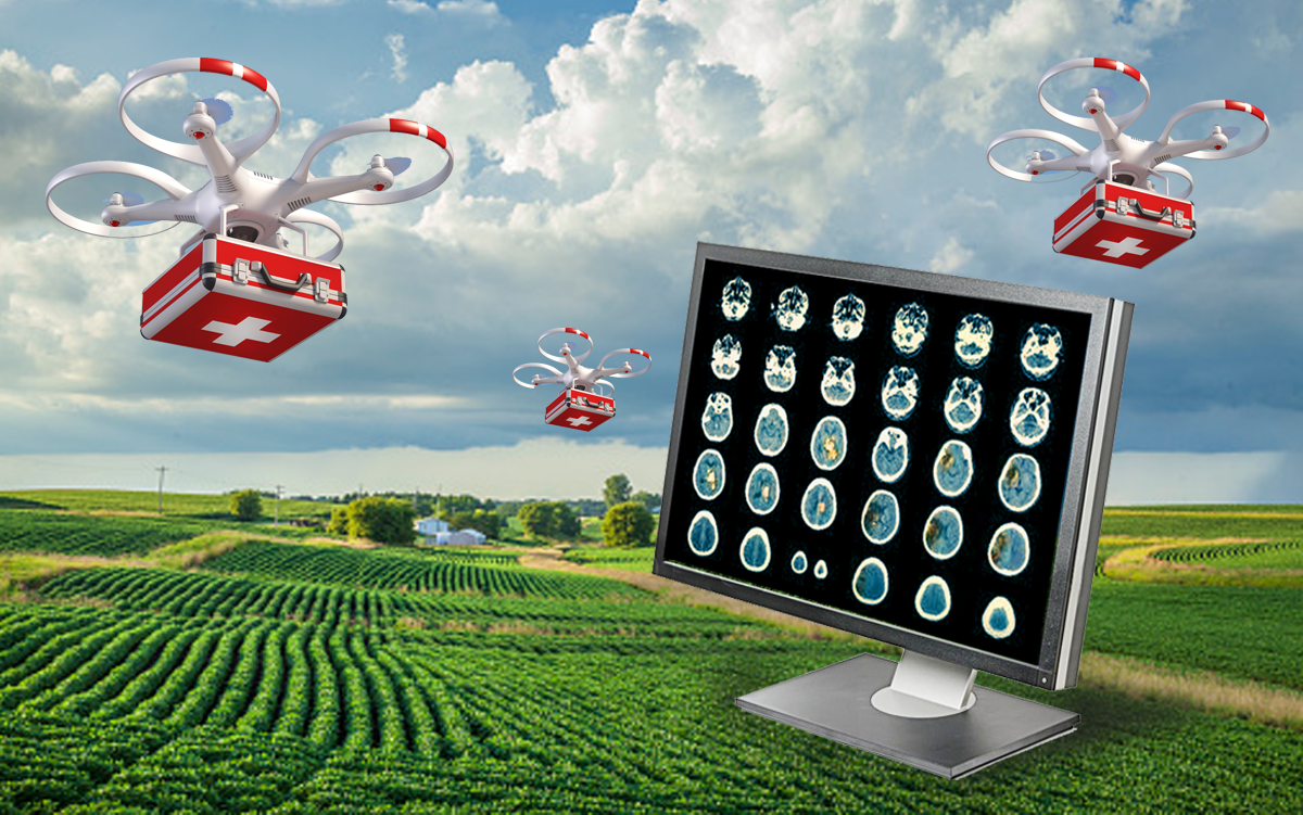 Innovative Rural Hospitals Think Beyond Tradition to Improve Access to Care. Drones fly over fields in a rural community in Virginia to deliver lifesaving medications with a computer monitor in the foreground displaying radiology images that AI is helping radiologists provide faster diagnoses.