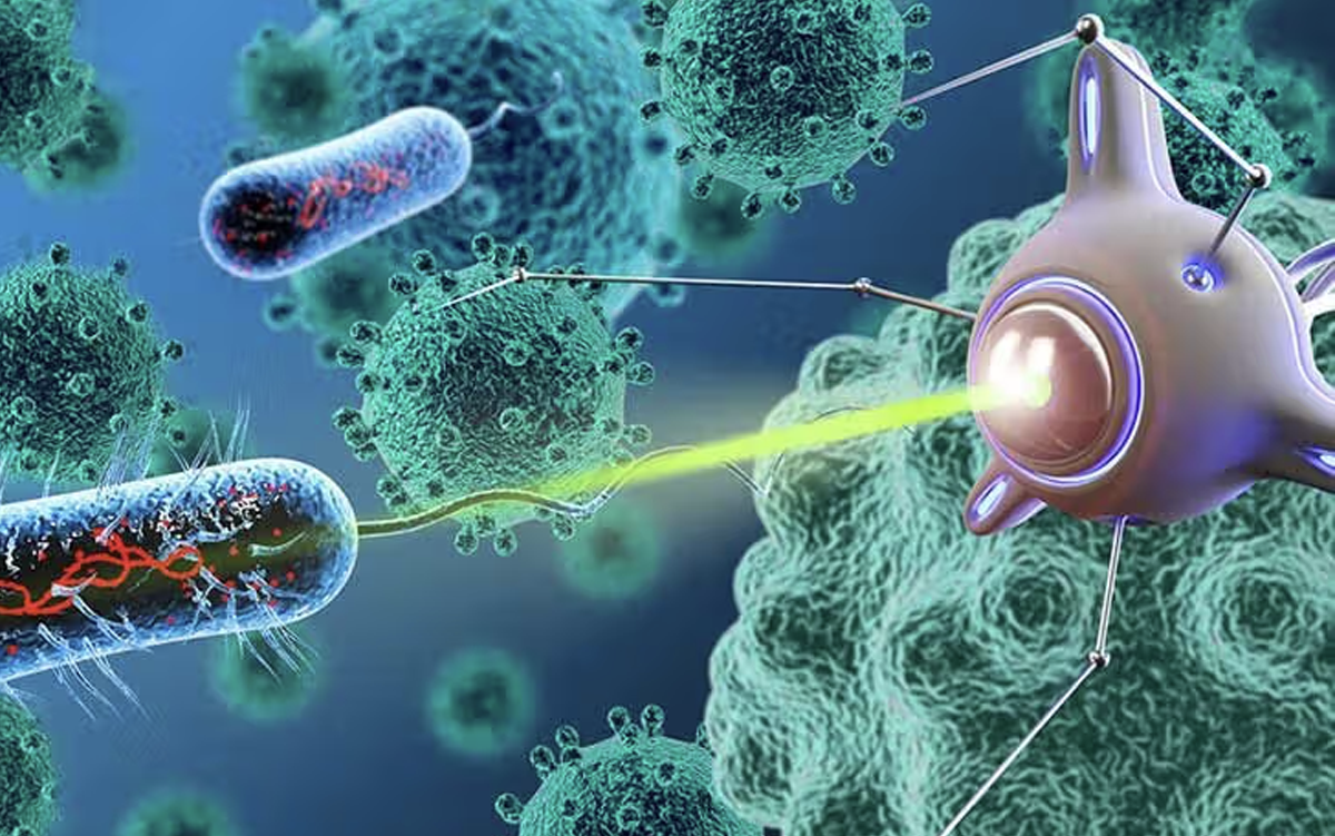 ‘Living Intelligence’ — Why It’s Time to Look Beyond AI in Health Care. A nanobot attacking a cell.