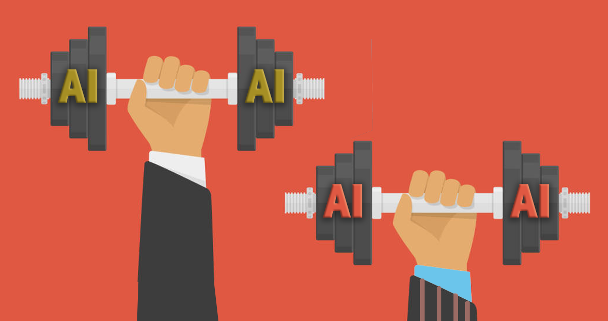 New Collaborative Will Publicly Rank Top Health Care AI Applications. The arms of two different businessmen in business-suit sleeves lift dumbbells with the weights marked AI.
