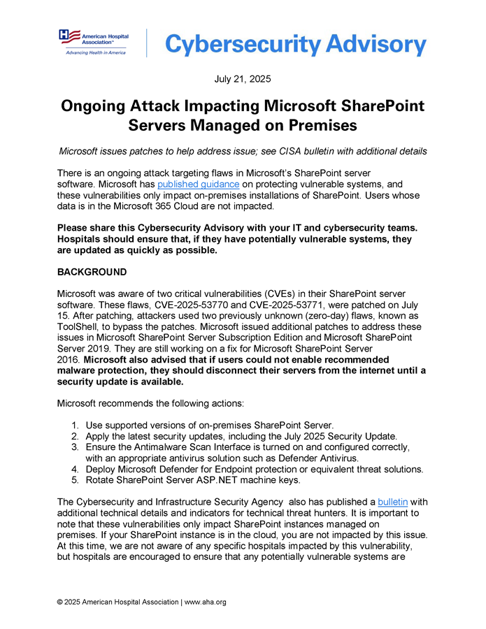 Cybersecurity Advisory: Ongoing Attack Impacting Microsoft SharePoint Servers Managed on Premises page 1.