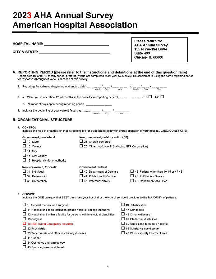 2023 AHA Annual Survey page 1.