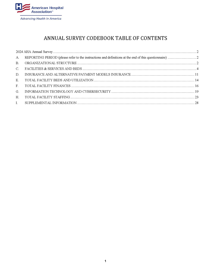 2024 Annual Survey Codebook page 1.
