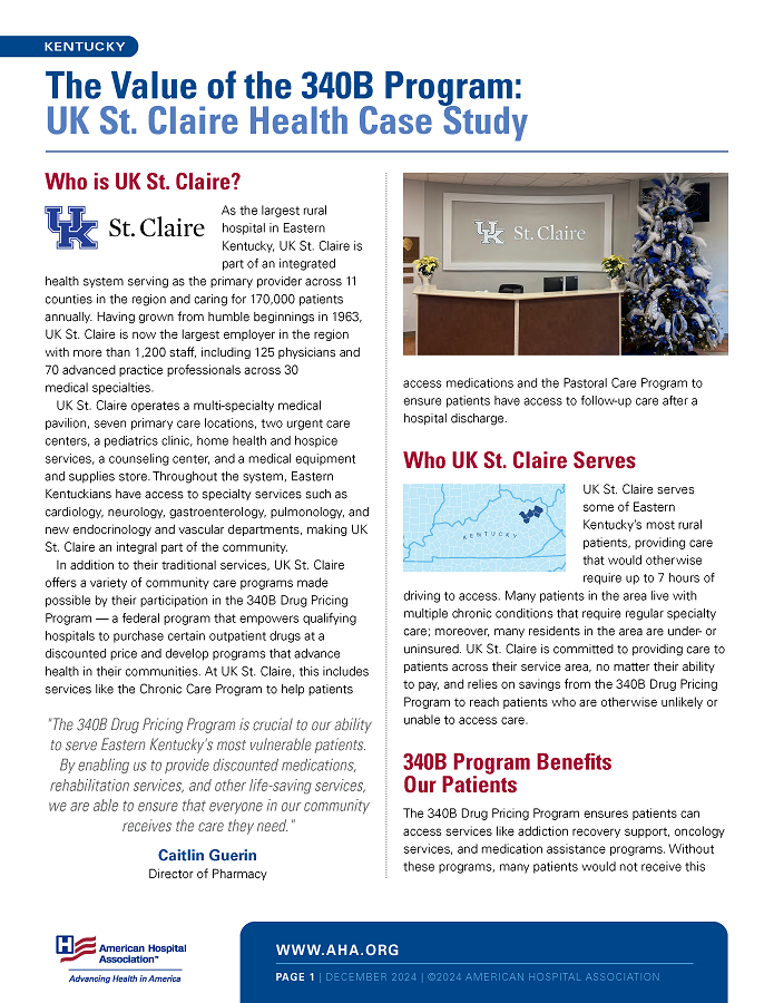 The Value of the 340B Program: UK St. Claire Health Case Study page 1.