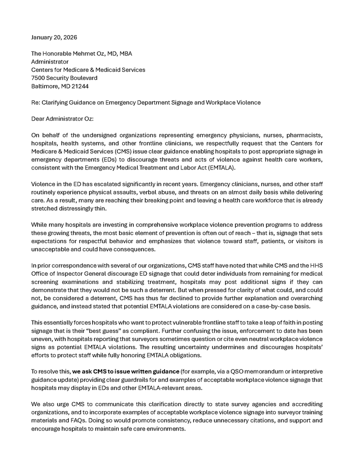 AHA/ACEP, Others Urge CMS to Allow Hospitals to Post Anti-violence Signage in EDs letter page 1.