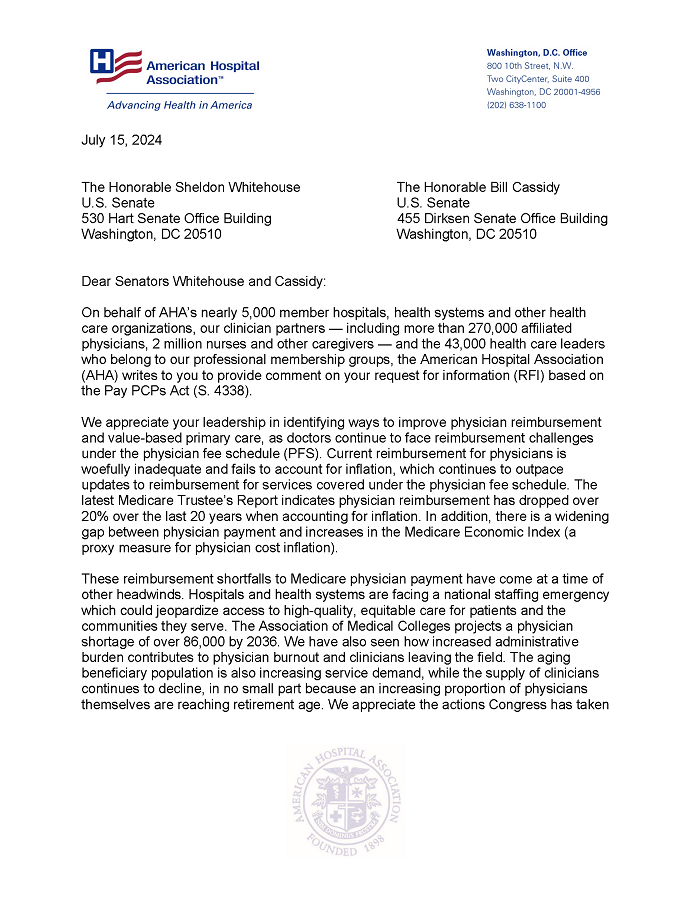 AHA Comment Letter on the Senate Pay PCPs Act (S. 4338) page 1.