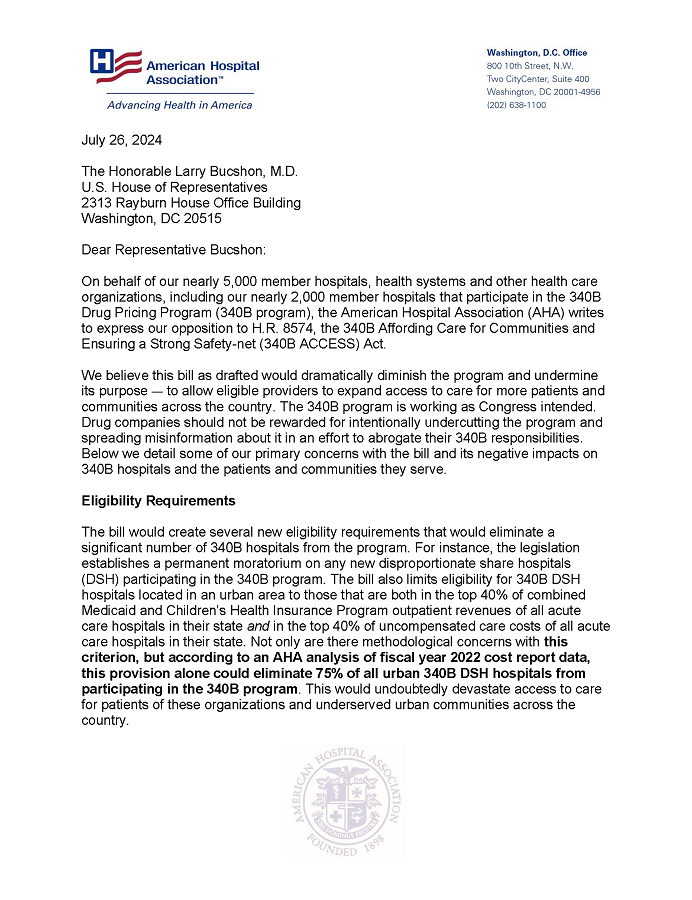 AHA Comments Opposing the 340B ACCESS Act (H.R. 8574) letter