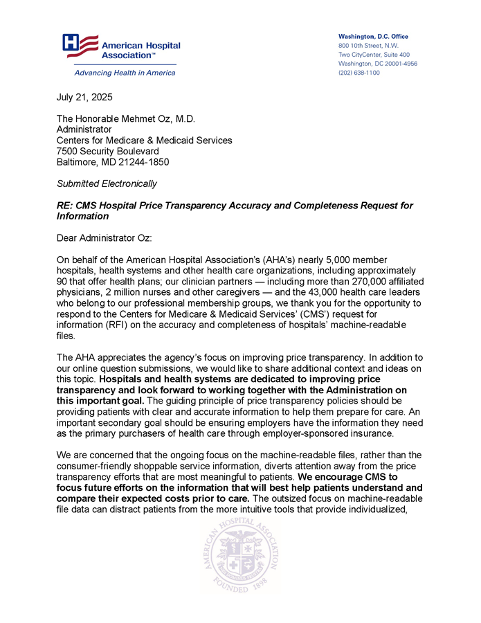 AHA Comments on CMS RFI on Hospital Price Transparency Accuracy and Completeness page 1.
