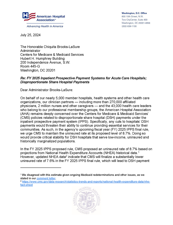 AHA Comments on Potential DSH Cuts in IPPS Final Rule for FY 2025 letter page 1.