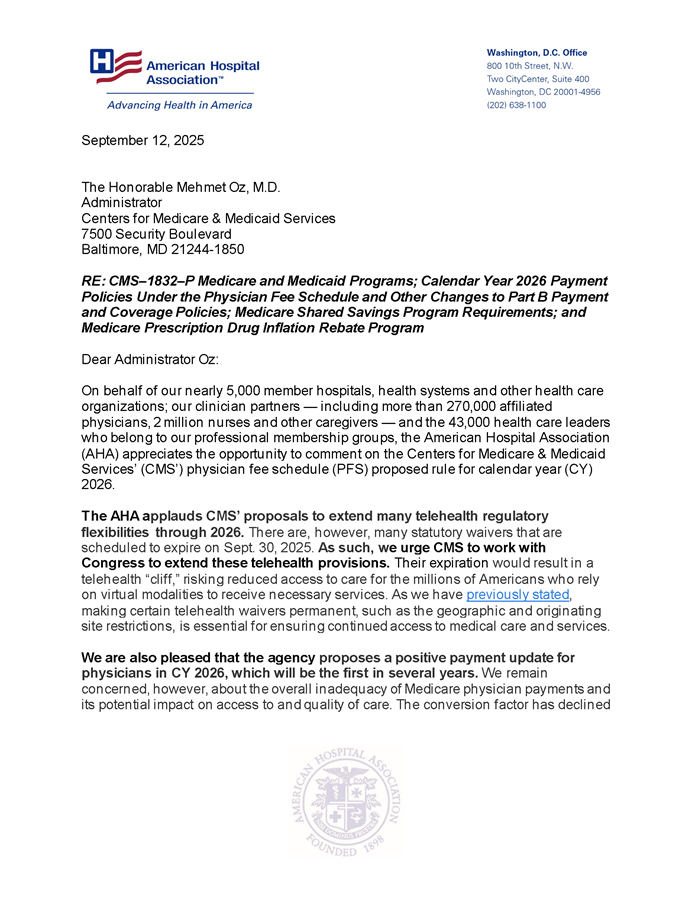 AHA Comments to CMS on CY 2026 Physician Fee Schedule Proposed Rule letter page 1.