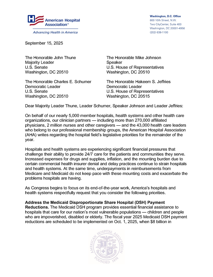 AHA Details Legislative Priorities for Congressional Leaders letter page 1.