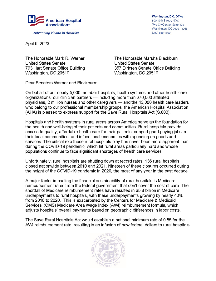 AHA Letter in Support of Save Rural Hospitals Act page 1