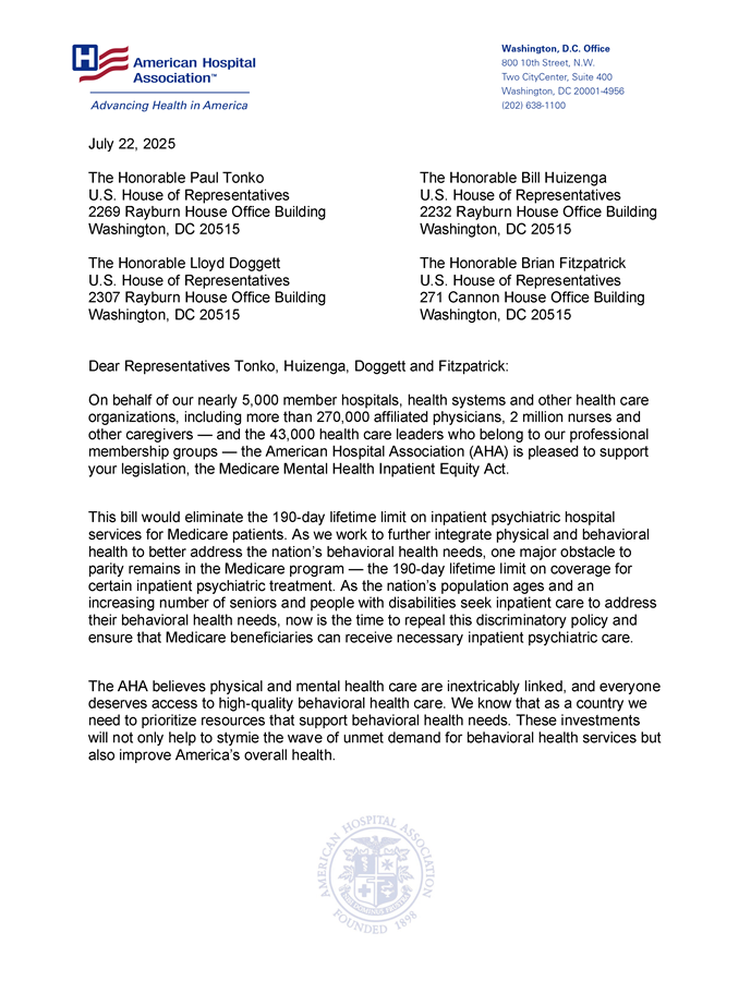 AHA Letter in Support of the Medicare Mental Health Inpatient Equity Act page 1.