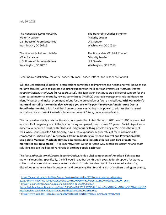 AHA Letter to Congress in Support of the Preventing Maternal Deaths Reauthorization Act page 1.