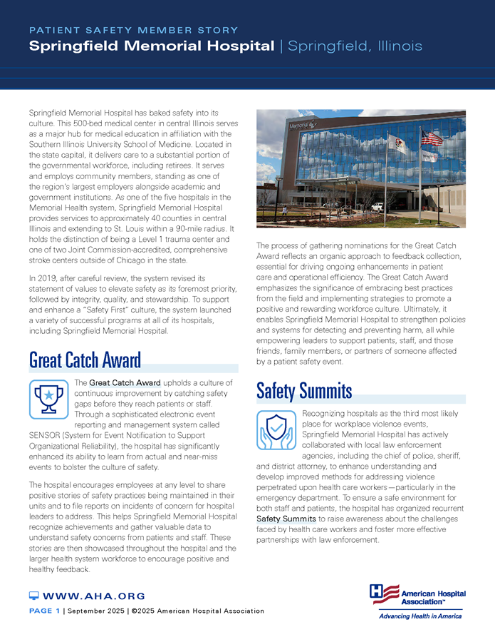 Patient Safety Member Story: Springfield Memorial Hospital, Springfield, Illinois, page one.