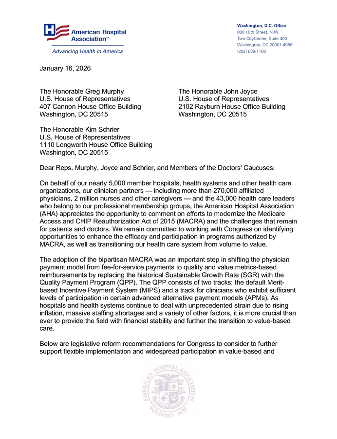 AHA Responds to House RFI on Modernizing MACRA page 1.