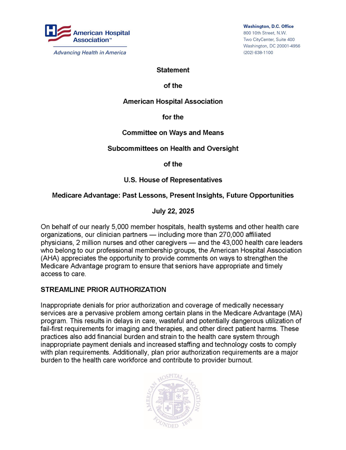 AHA Statement on House Ways and Means Committee Hearing on Medicare Advantage page 1.