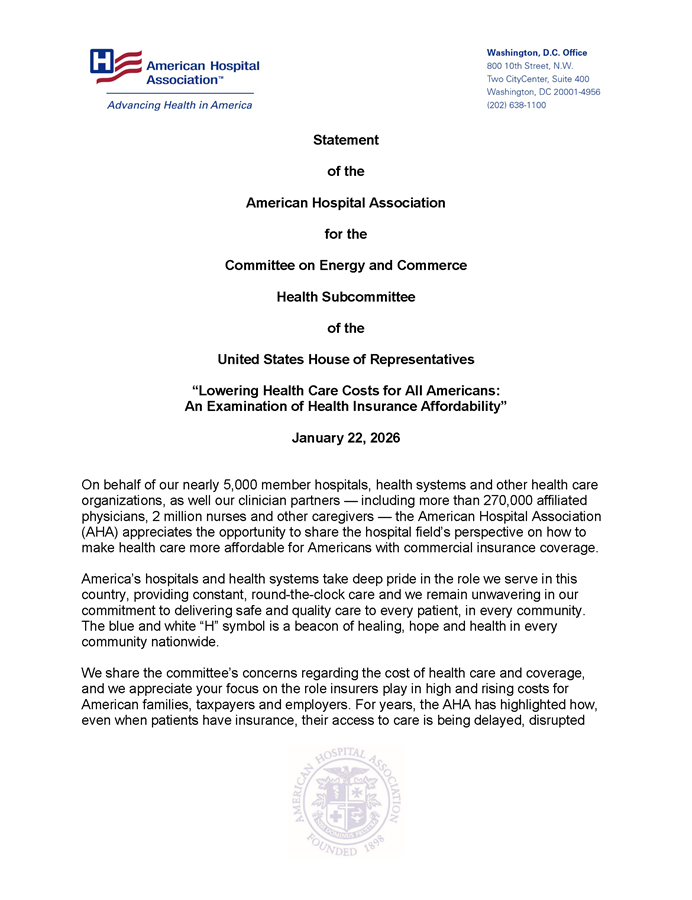 AHA Statement to House E&C Subcommittee for Hearing on Lowering Health Care Costs page 1.