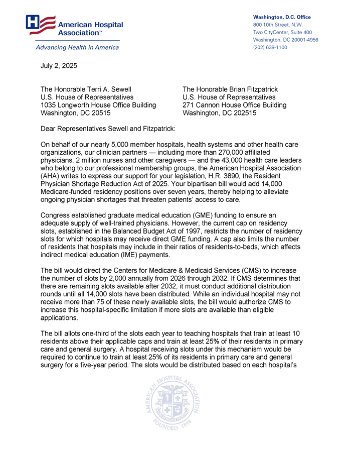 AHA Supports Bipartisan Resident Physician Shortage Reduction Act letter page 1.