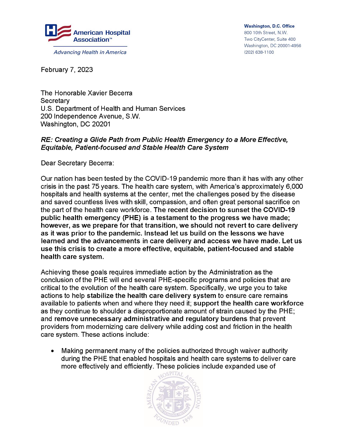 AHA Urges Action as HHS Prepares to End the COVID-19 Public Health Emergency page 1.