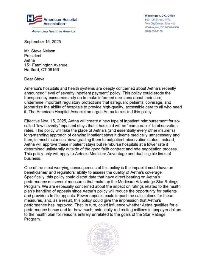 AHA Urges Aetna to Rescind Level of Severity Inpatient Payment Policy letter page 1.