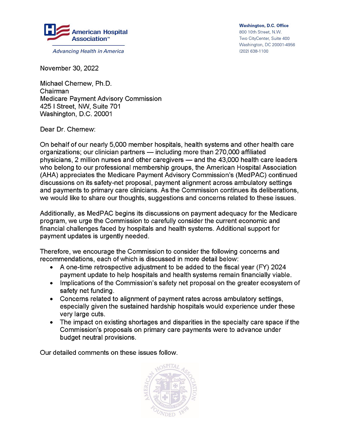 AHA Urges MedPAC to Consider the Current Financial Challenges Faced by Hospitals and Health Systems letter page 1.
