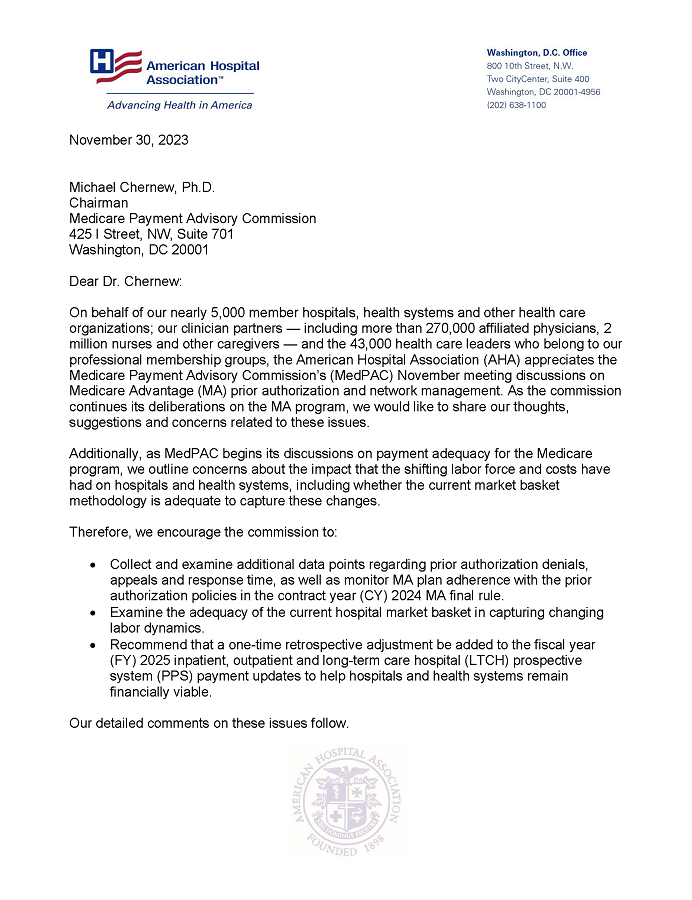 AHA Urges MedPAC to Examine Medicare Advantage Denials, Hospital Market Basket letter page 1.