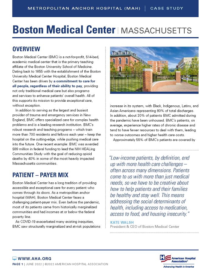 Boston Medical Center, Massachusetts: Metropolitan Anchor Hospital (MAH) case study page 1.