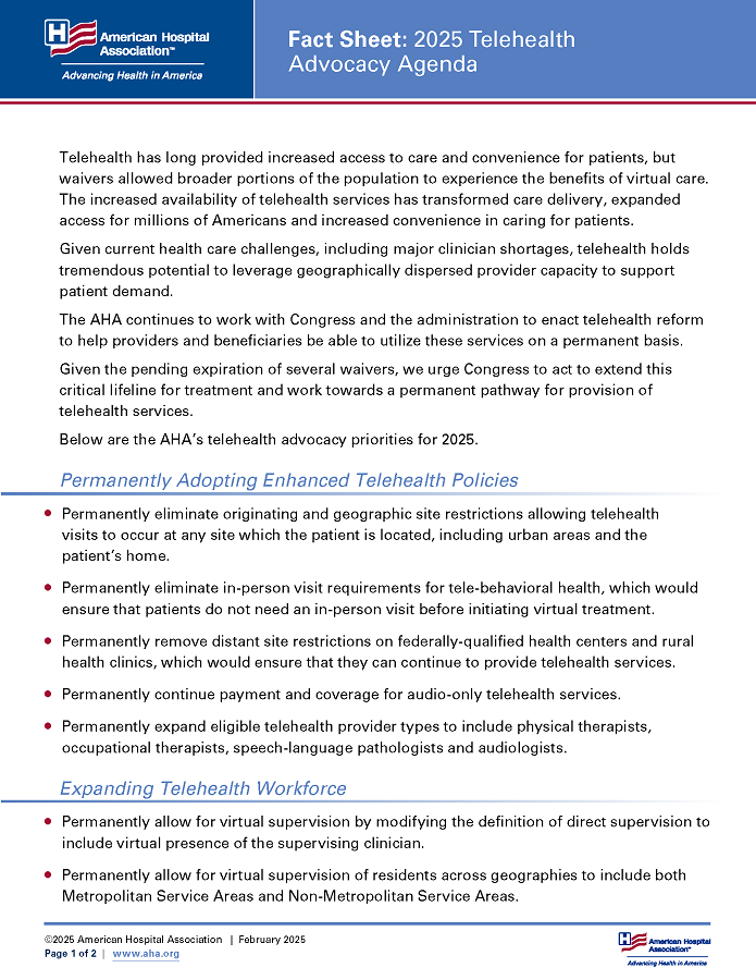 Fact Sheet: 2025 Telehealth Advocacy Agenda page 1.