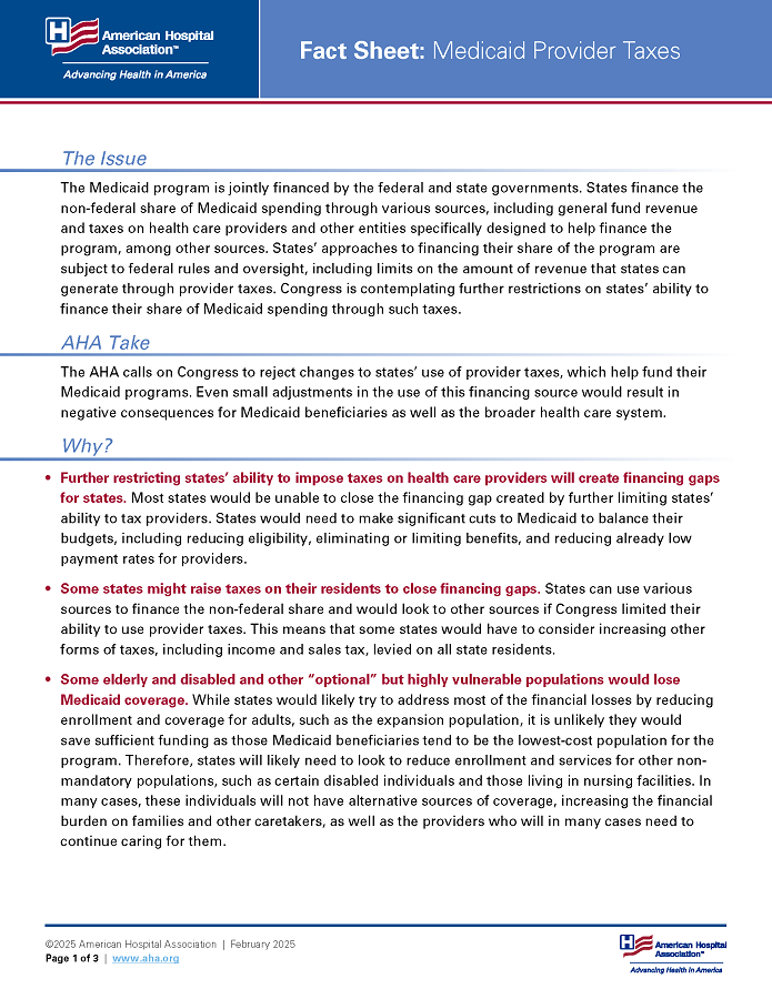 Fact Sheet: Medicaid Provider Taxes page 1.