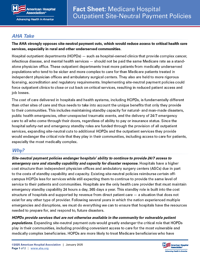 Fact Sheet: Medicare Hospital Outpatient Site-Neutral Payment Policies Updated January 2025, page 1.