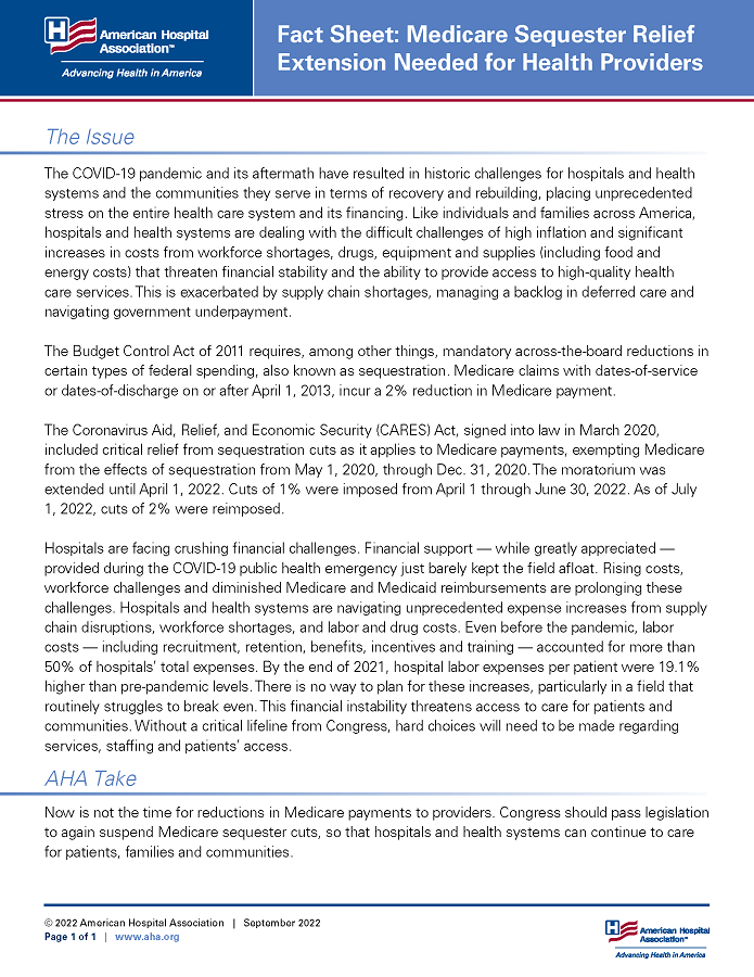Fact Sheet: Medicare Sequester Relief Extension Needed for Health Providers page 1.