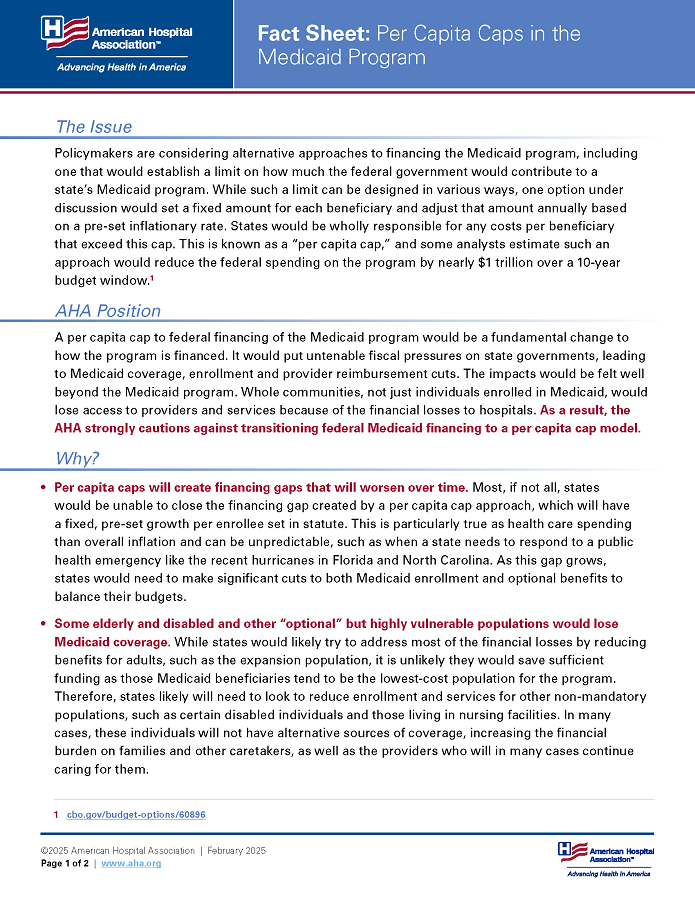 Fact Sheet: Per Capita Caps in the Medicaid Program page 1.