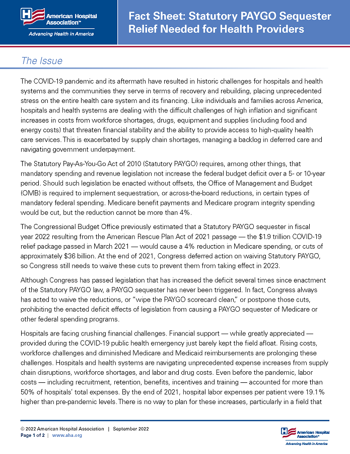 Fact Sheet: Statutory PAYGO Sequester Relief Needed for Health Providers page 1.