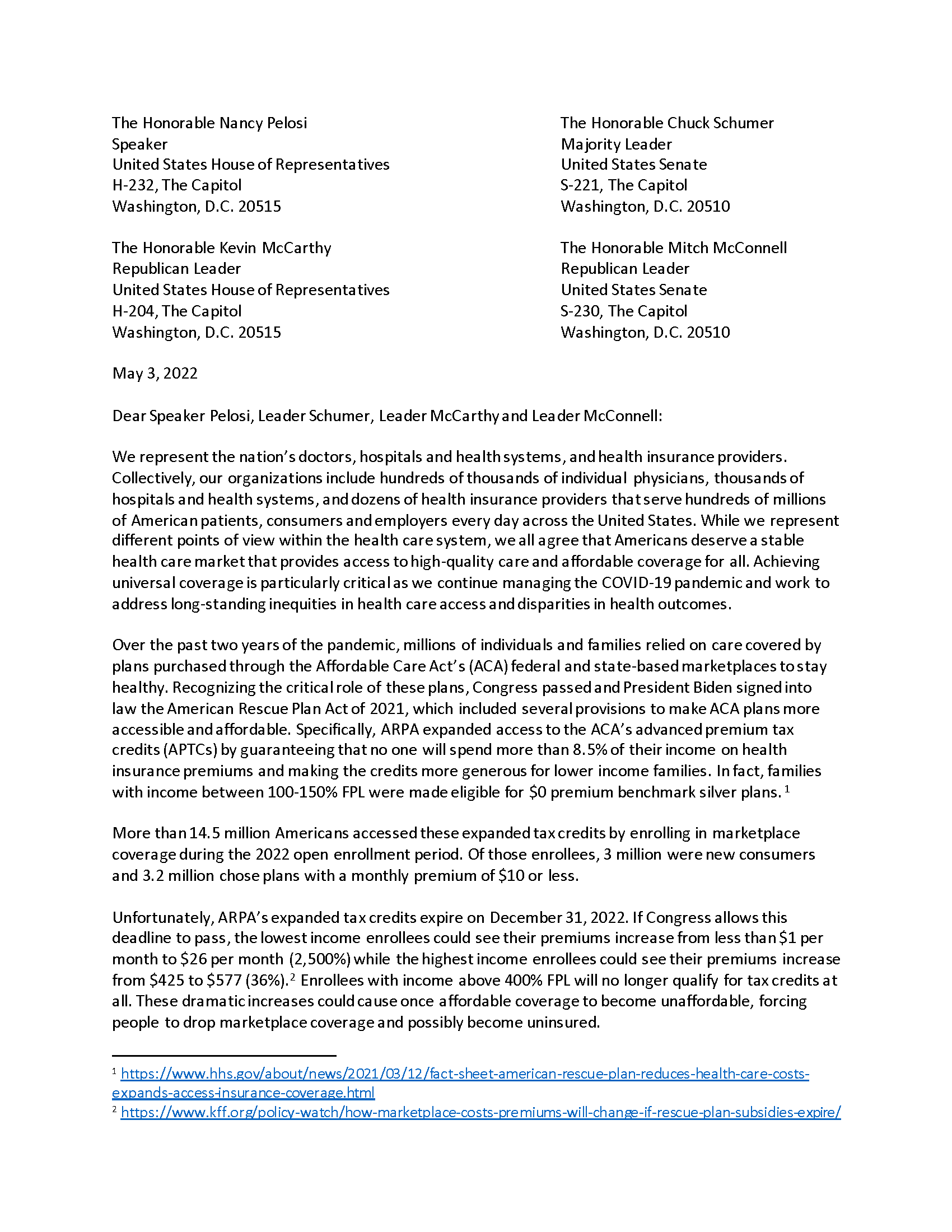 Letter Urges Congress to Permanently Expand Access to the ACA's Advance Premium Tax Credits page 1