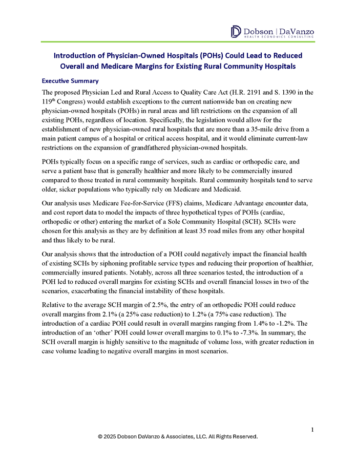 Introduction of POHs Could Lead to Reduced Overall and Medicare Margins for Existing Rural Community Hospitals page 1.