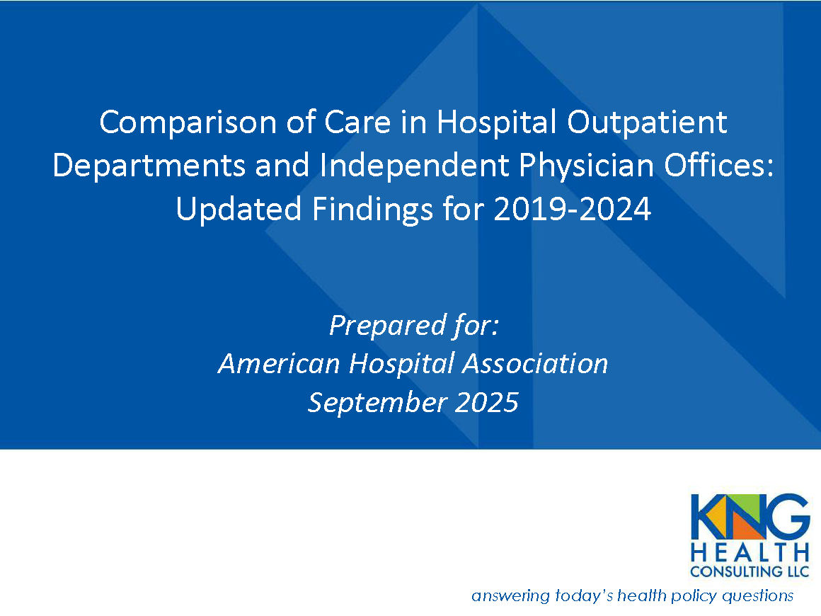 Comparison of Care in Hospital Outpatient Departments and Independent Physician Offices: Updated Findings for 2019-2024. Prepared for: American Hospital Association. September 2025.